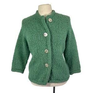 Vintage 50s 60s Homemade Hand Knit Green Cardigan Mother Pearl Buttons Sweater M